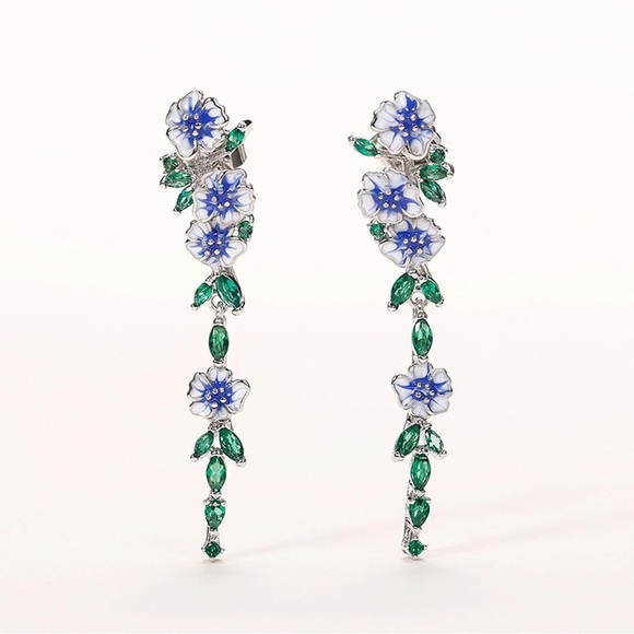 NIB 925 Plated Enamel Flower Inlay Drop Earrings with Crystal Accents - Picture 4 of 16